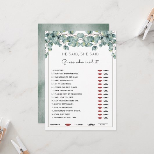 Er sagte, sie sagte, Eukalyptus-Brautparty spiele Einladung (Vorderseite/Rückseite Beispiel)