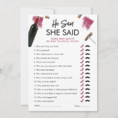 Er sagte, sie sagte Game Card Wine Brautparty Einladung (Vorderseite)
