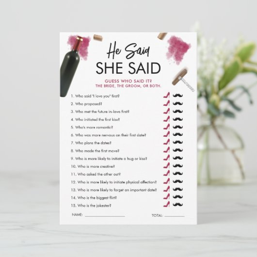 Er sagte, sie sagte Game Card Wine Brautparty Einladung (Stehend Vorderseite)