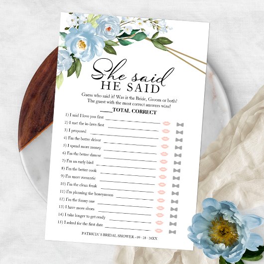 Er sagte, sie sagte, Game Dusty Blue Brautparty Flyer