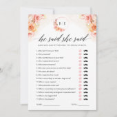 Er sagte, sie sagte Game Greenerity Brautparty Car Einladung (Vorderseite)