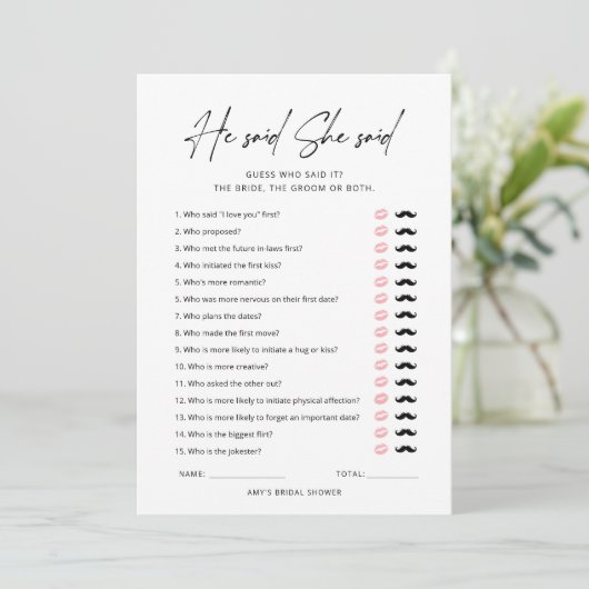 Er sagte, sie sagte, Game Simple Brautparty Card Einladung (Stehend Vorderseite)