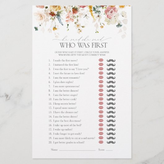 Er sagte, sie sagte, Garden Blume Brautparty Game (Vorderseite)