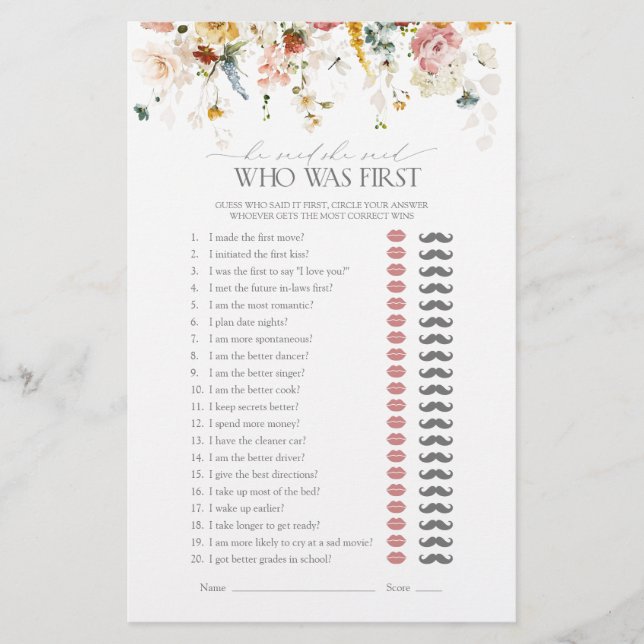 Er sagte, sie sagte, Garden Blume Brautparty Game (Vorderseite)