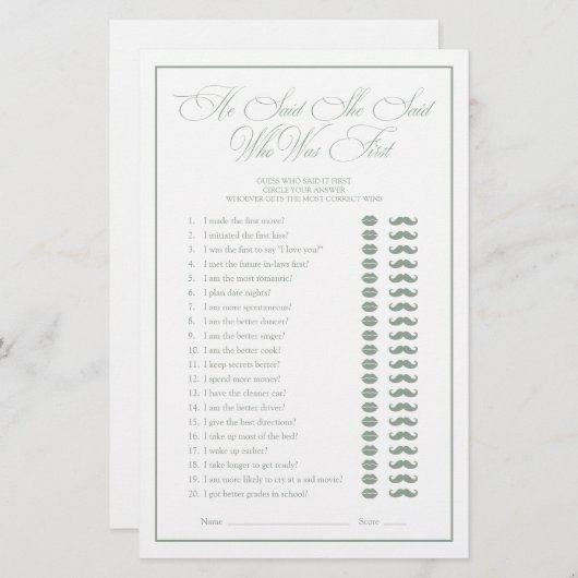 Er sagte, sie sagte Green Script Brautparty Game (Vorne/Hinten)