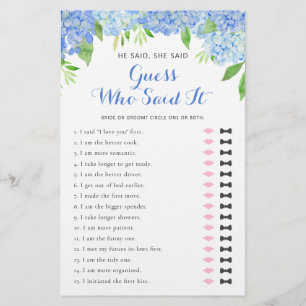 Er sagte, sie sagte Hydrangea Brautparty Word Game