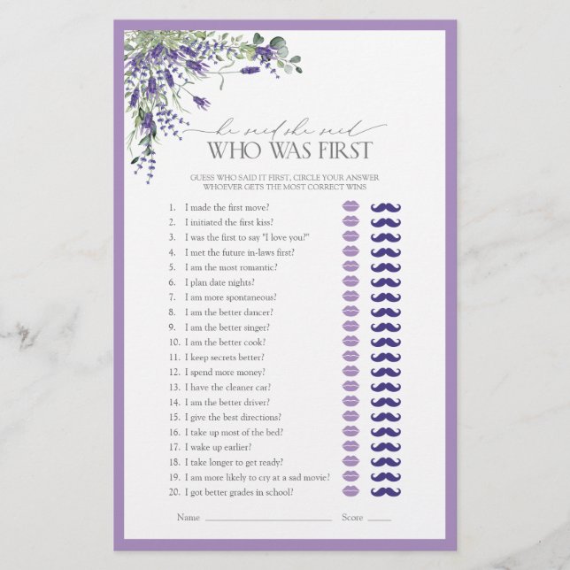 Er sagte, sie sagte Lavender Brautparty Game (Vorderseite)