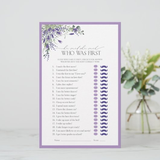 Er sagte, sie sagte Lavender Brautparty Game (Stehend Vorderseite)