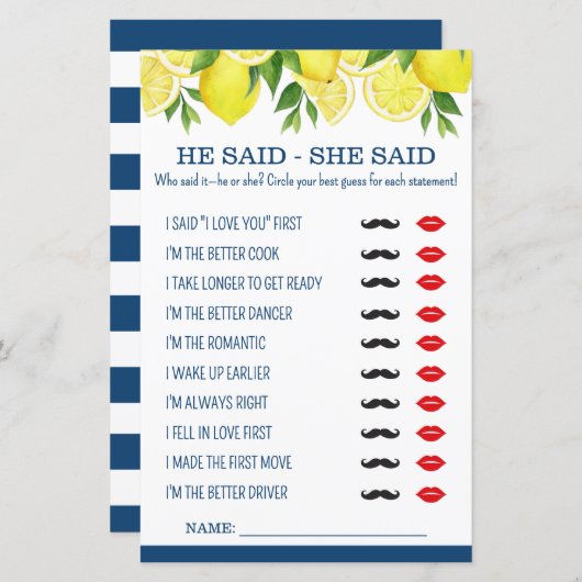 Er sagte: "Sie sagte, Lemon Brautparty Game (Vorne/Hinten)