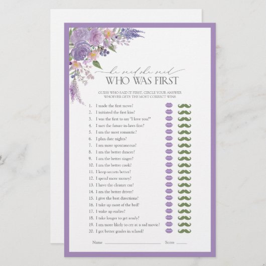 Er sagte, sie sagte Lilac Lavender Brautparty Game (Vorne/Hinten)