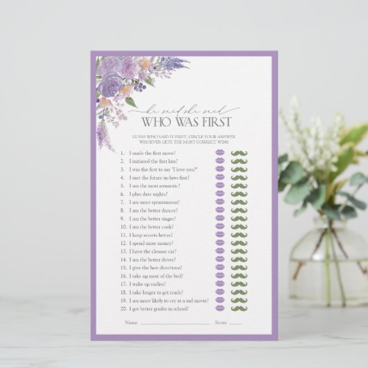 Er sagte, sie sagte Lilac Lavender Brautparty Game (Stehend Vorderseite)