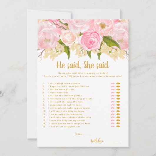 Er sagte, sie sagte, Mädchen Baby Dusche Spielkart Einladung (Vorderseite)