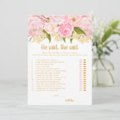 Er sagte, sie sagte, Mädchen Baby Dusche Spielkart Einladung (Stehend Vorderseite)