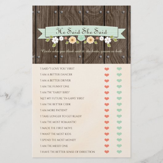 Er sagte, sie sagte Mint Boho Brautparty Game (Vorderseite)