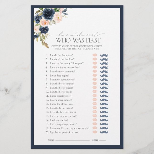 Er sagte, sie sagte Navy Blue Pink Brautparty Game (Vorderseite)