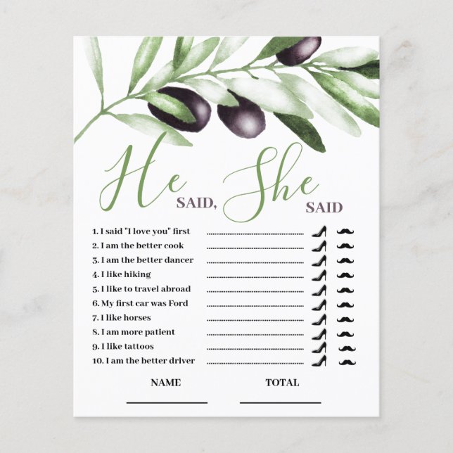 Er sagte, sie sagte Olive Branch Brautparty Game (Vorderseite)