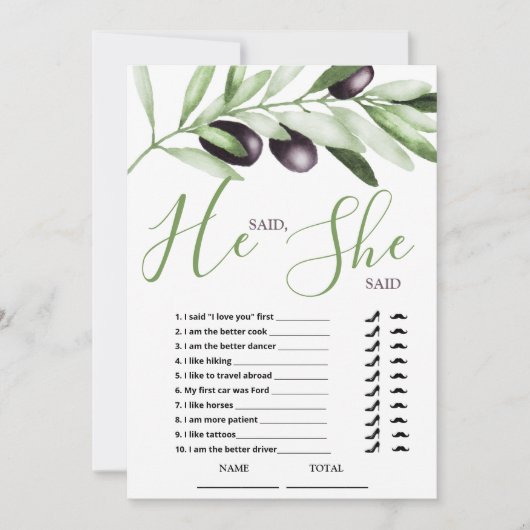 Er sagte, sie sagte, Olive Branches Brautparty Car Einladung (Vorderseite)