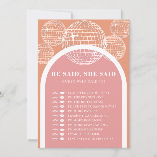 Er sagte, sie sagte Retro Disco Pink Orange Spielk Einladung (Vorderseite)
