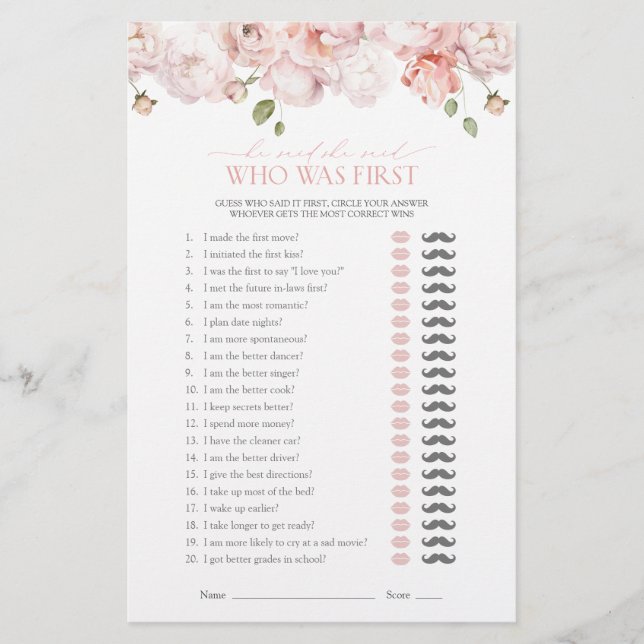 Er sagte, sie sagte, rosa Blume Brautparty Game (Vorderseite)