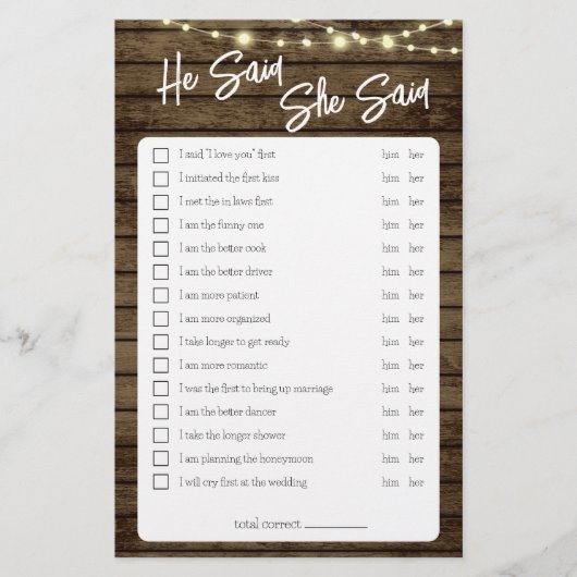 Er sagte, sie sagte, rustikales Duschspiel Flyer (Vorne)
