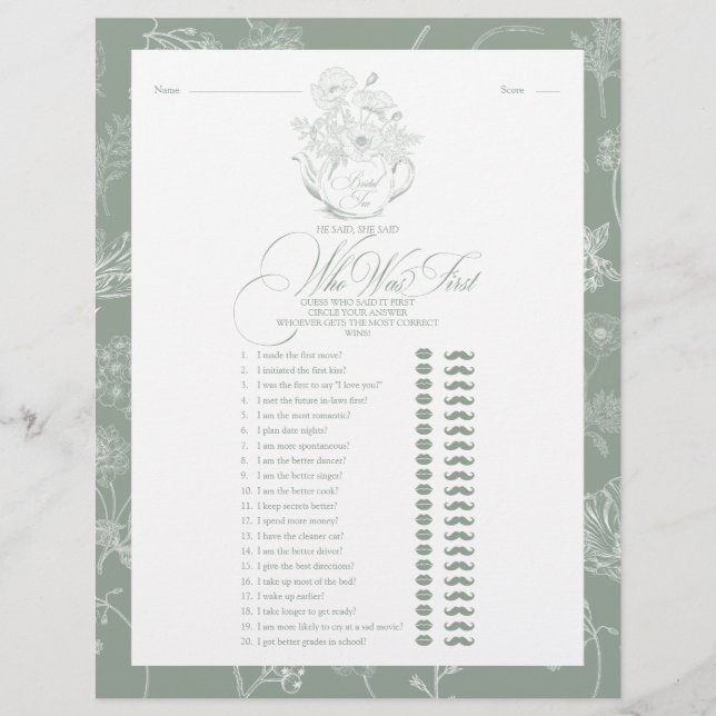 Er sagte, sie sagte, Sage Green Bridal Tee Dusche  (Vorderseite)
