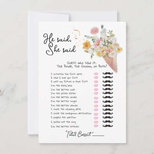 Er sagte, sie sagte Scoopup Brautparty-Spiel Einladung (Vorderseite)