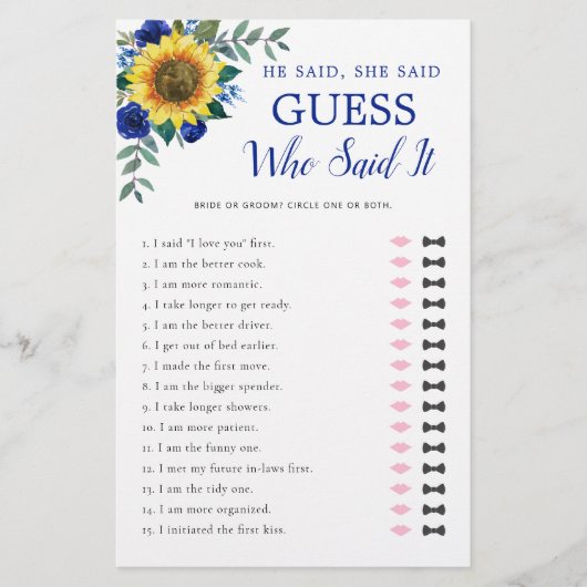 Er sagte, sie sagte Sonnenblumen Blue Brautparty G (Vorderseite)