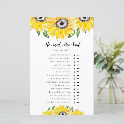 Er sagte, sie sagte Sonnenblumen Brautparty Game (Stehend Vorderseite)