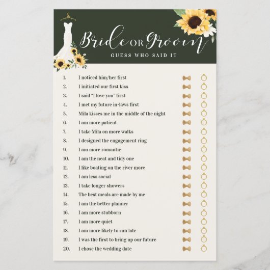 Er sagte, sie sagte Sonnenblumen-Brautparty-Spiel (Vorderseite)