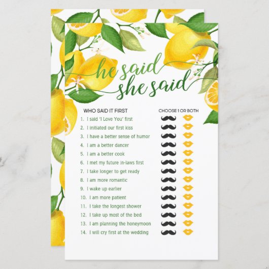 Er sagte, sie sagte Spiel - Lemon (Vorne/Hinten)