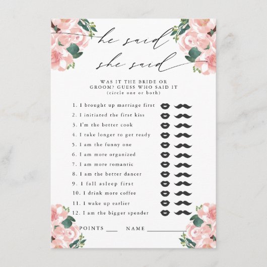 Er sagte, sie sagte Stiefel & Bubbly Party Game Begleitkarte (Vorderseite)