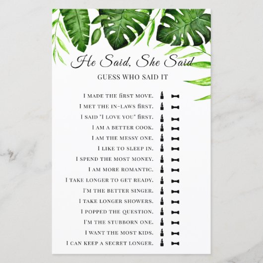 Er sagte, sie sagte Tropical Brautparty Game (Vorderseite)