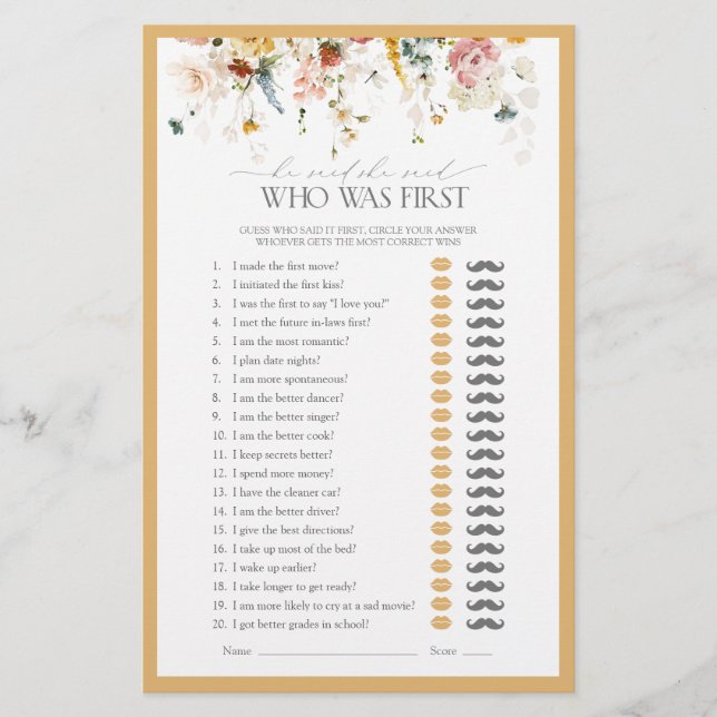 Er sagte, sie sagte Wildblume Brautparty Game (Vorderseite)