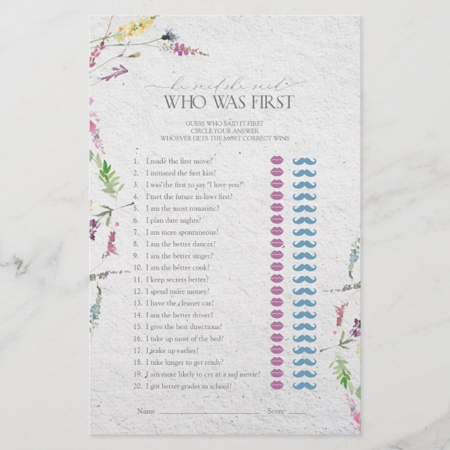 Er sagte, sie sagte Wildblume Brautparty Game (Vorderseite)