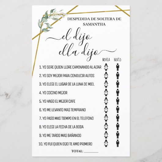 Er sagte, sie sagte zweisprachiges Brautparty (Rückseite)