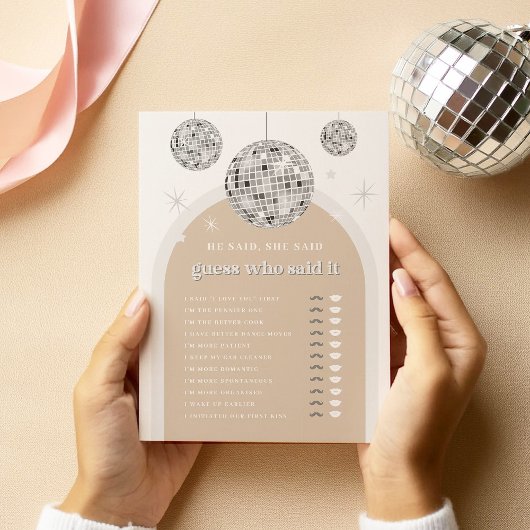 Er sagte: "Silver Disco Bridal Game Card" Einladung