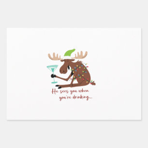 Er sieht dich beim Trinken Lustiges Weihnachtsrent Geschenkpapier Set