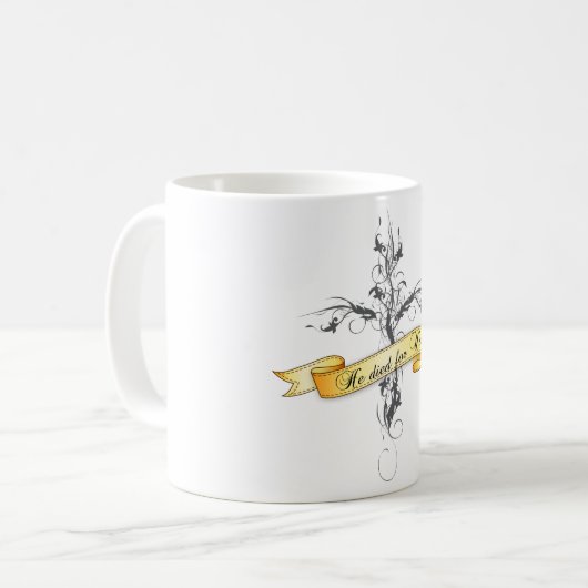 Er starb für uns Blumenkreuz Kaffeetasse (Vorderseite Links)