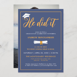 Er tat es Grand Cap Tassel Blue Abschluss Foto Einladung