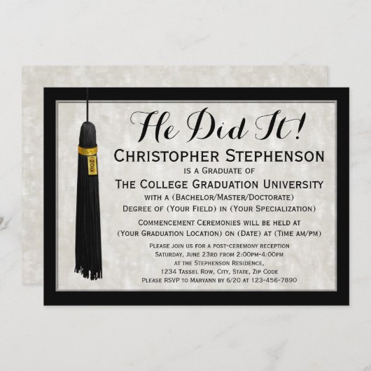Er tat es Tassel Uni-Abschluss Einladung (Vorne/Hinten)
