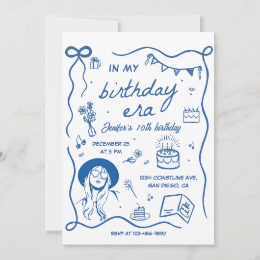 Era Blue Retro Geburtstag Einladung (Vorderseite)