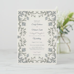 Erbe   Edwardian Blue Flora Scroll Hochzeit Einladung
