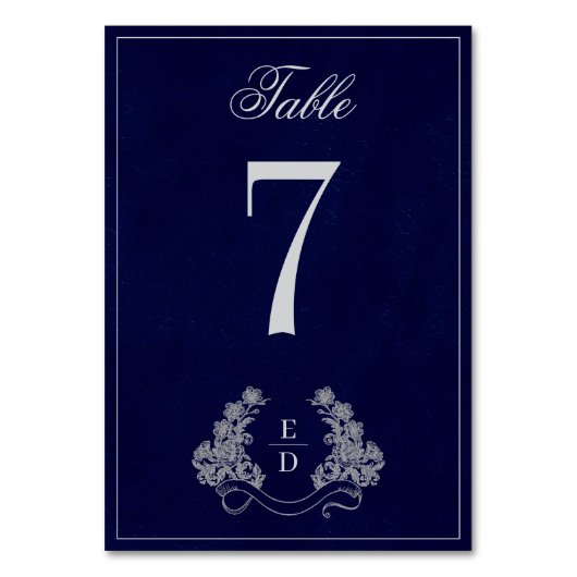 Erbe Florale Krone Navy Monogramm Hochzeit Tischnummer (Vorderseite)