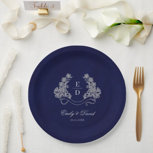 Erbe Florale Wappen Navy Monogramm Hochzeit Pappteller (Hochzeit)