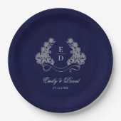 Erbe Florale Wappen Navy Monogramm Hochzeit Pappteller (Vorderseite)