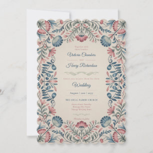 Erbe Folk Art Blush und Blaue Florale Hochzeit Einladung