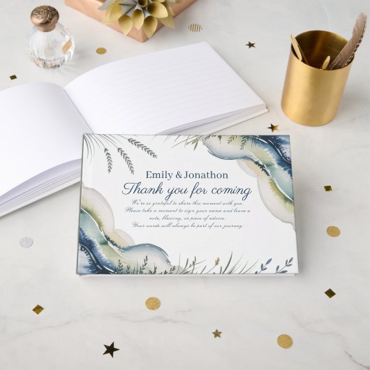 Erbe Küstenblau Hochzeit Strand Boho Gästebuch (Vorderseite Offen)