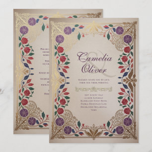 Erbe Mittelalterliche Florale Hochzeit Purpurrot G Einladung