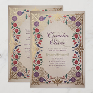 Erbe Mittelalterliche Florale Hochzeit Purpurrot G Einladung