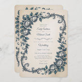 Erbe | Victorian Dusty Blue Botanische Hochzeit Einladung (Vorne/Hinten)
